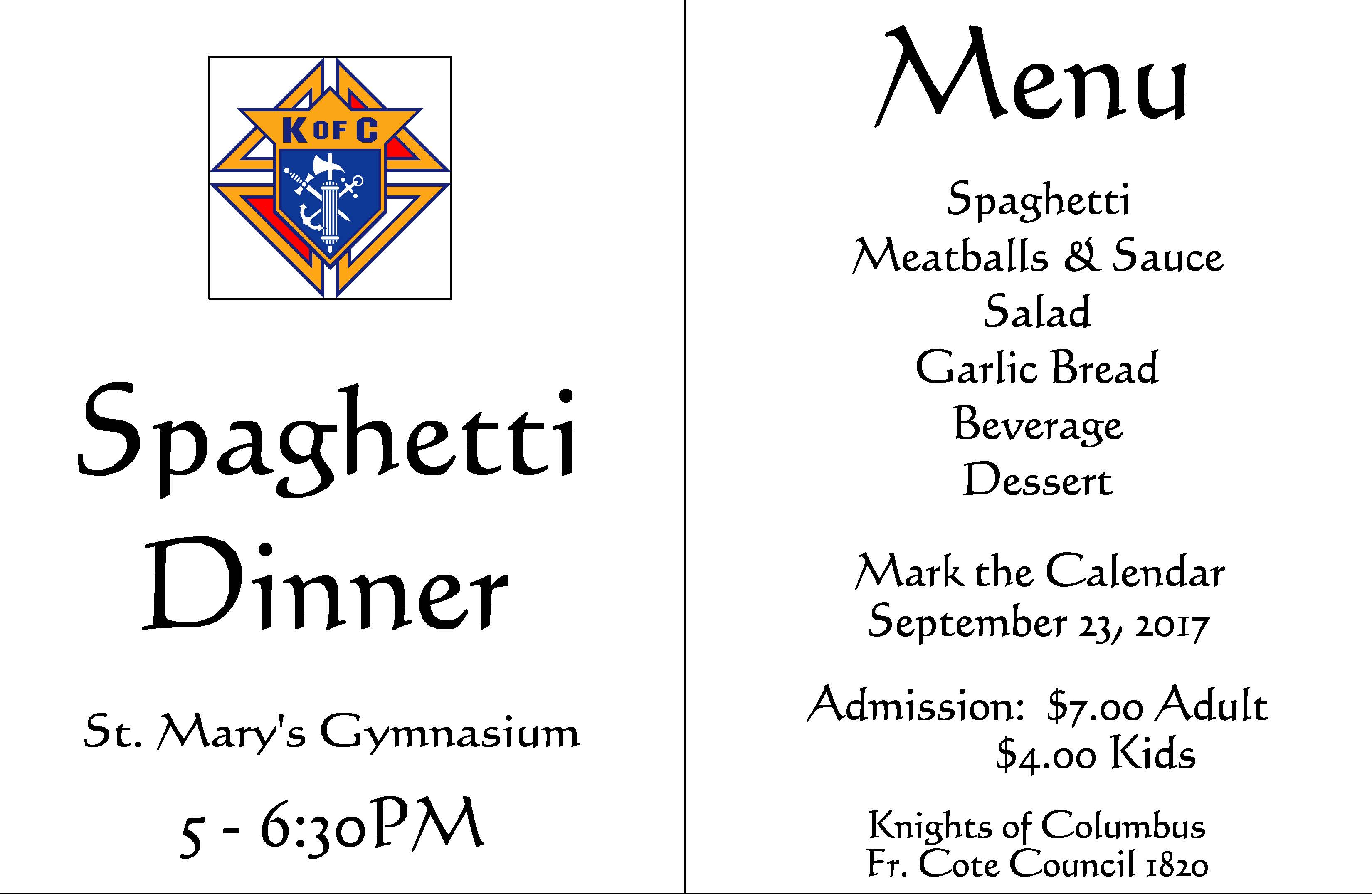 Spaghetti Dinner9/23/17 > St. Marys Catholic Church